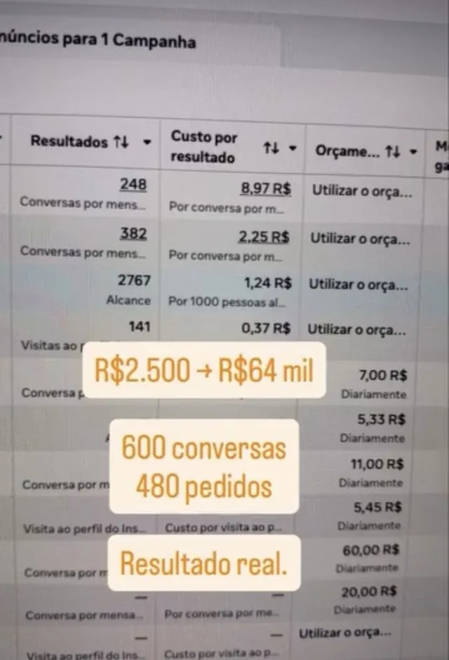 Painel do Meta Ads com 600 conversas e 480 pedidos em uma campanha