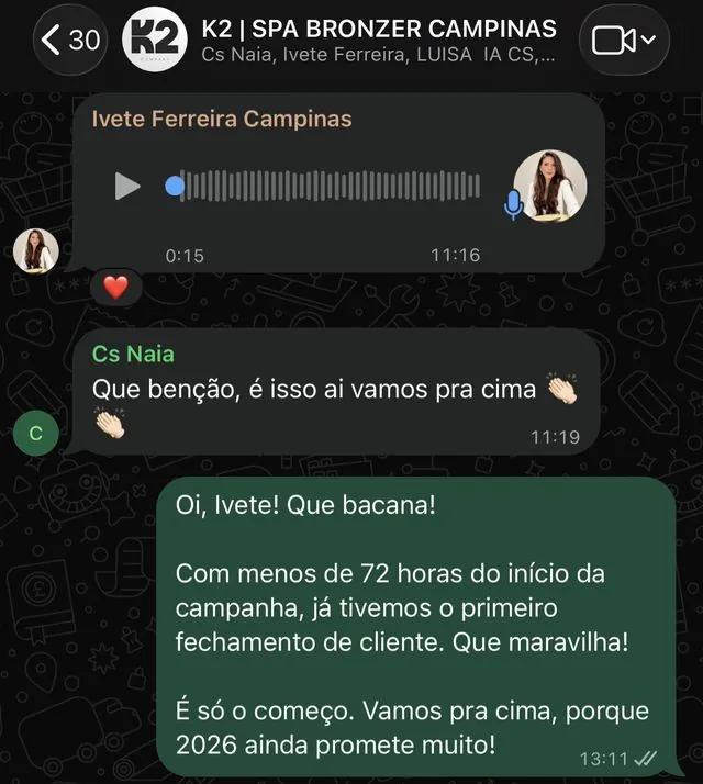 Grupo de WhatsApp do Spa Bronzer Campinas com a K2 Company: primeiro fechamento em menos de 72 horas de campanha