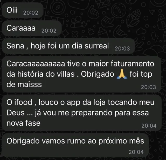 Mensagem de cliente no WhatsApp: tive o maior faturamento da história do Villas