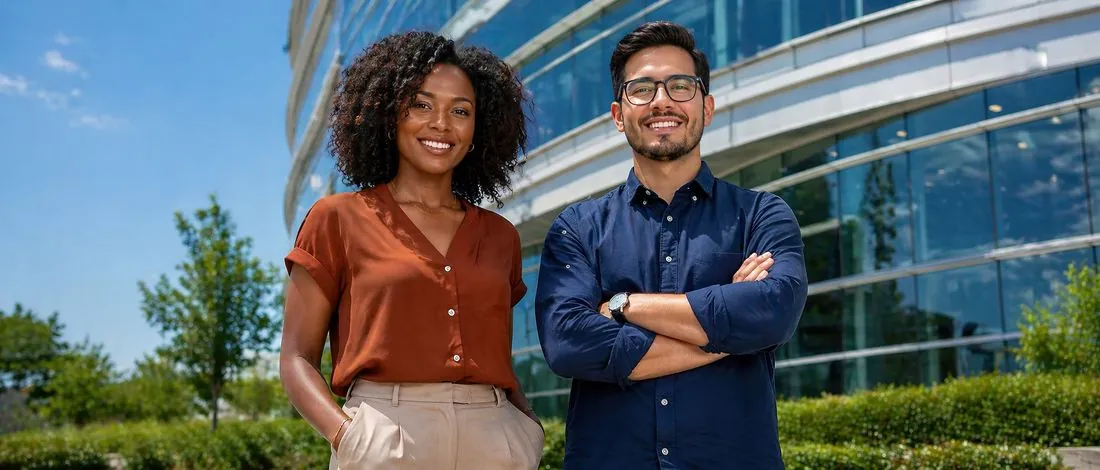 Fotografia corporativa: retrato de dois profissionais em frente ao prédio da empresa